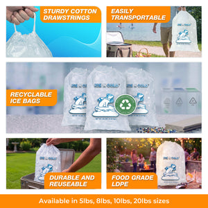 ICE N COLD® 20lb Ice Bags with Drawstring Closure | 50 mic Thickness | Portable Storage and Freezer Keeper