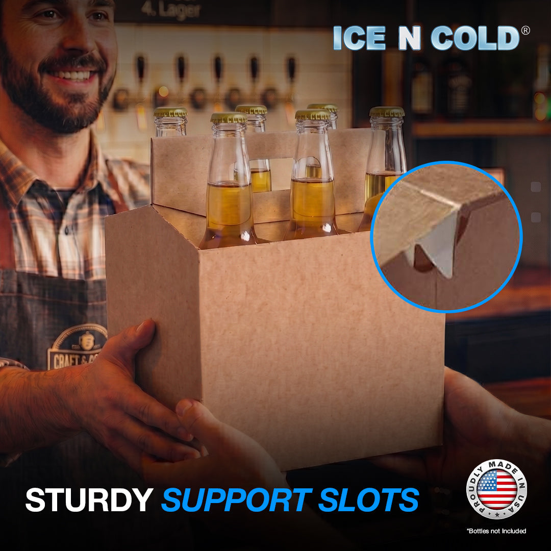 6pk Cardboard Carrier Kraft 12oz - 16oz Bottles & Cans 8x7x5 for Convenience Store, Eco Friendly, Moisture & Humidity Resistant | High Quality 18 Point Wet Board Strength (6 Pack) ICE N COLD®