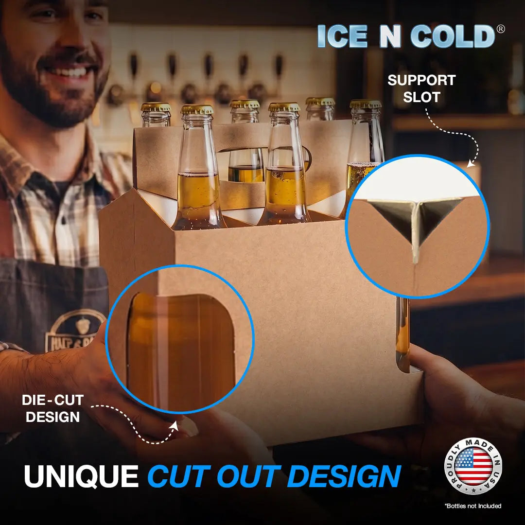 6pk Cardboard Carrier Kraft Die-Cut 12oz - 16oz Bottles 8x7x5 for Convenience Store, Eco-Friendly, Moisture & Humidity Resistant, High Quality 18 Point Wet Board Strength (6 Pack) ICE N COLD®