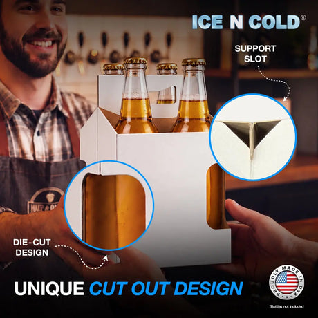 4pk Cardboard Carrier (Variety, White & Kraft, Plain & Die-Cut Label View) - 12oz Bottles & Cans ICE N COLD®