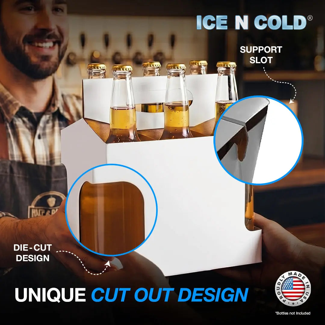 6pk Cardboard Carrier White Die-Cut 12oz - 16oz Bottles 8x7x5 for Convenience Store, Eco-Friendly, Moisture & Humidity Resistant, High Quality 18 Point Wet Board Strength (6 Pack) ICE N COLD®