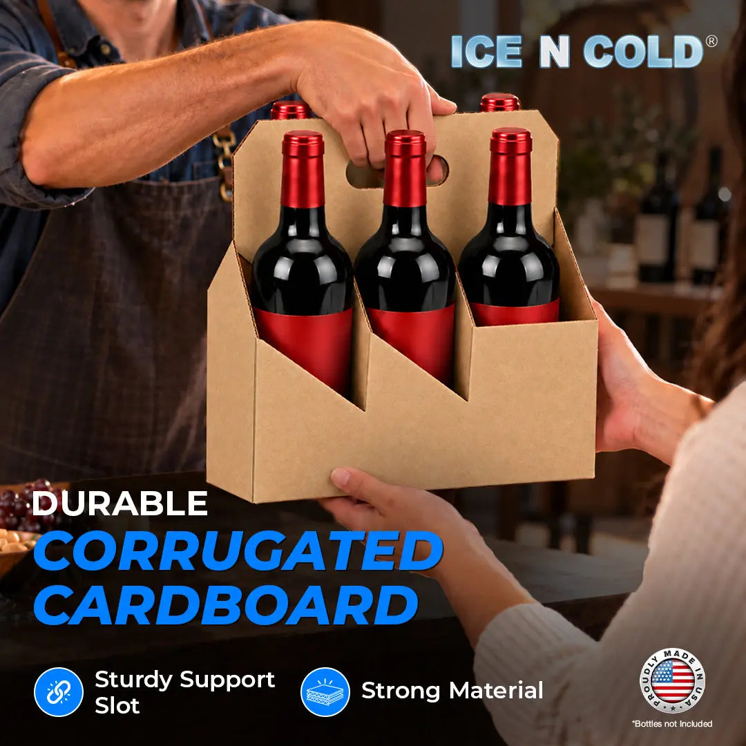 6pk Cardboard Wine Bottle Carrier (Kraft Brown) - 750ml & 22oz Wine & Beer Bottles ICE N COLD®