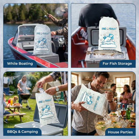 ICE N COLD® 8lb Ice Bags with Drawstring Closure | 37 mic Thickness | Portable Storage and Freezer Keeper
