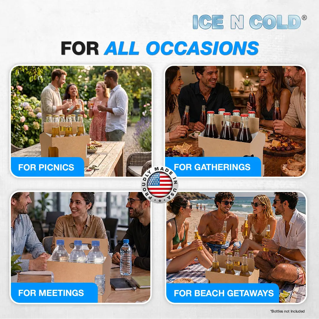 6pk Cardboard Carrier Kraft Die-Cut 12oz - 16oz Bottles 8x7x5 for Convenience Store, Eco-Friendly, Moisture & Humidity Resistant, High Quality 18 Point Wet Board Strength (6 Pack) ICE N COLD®