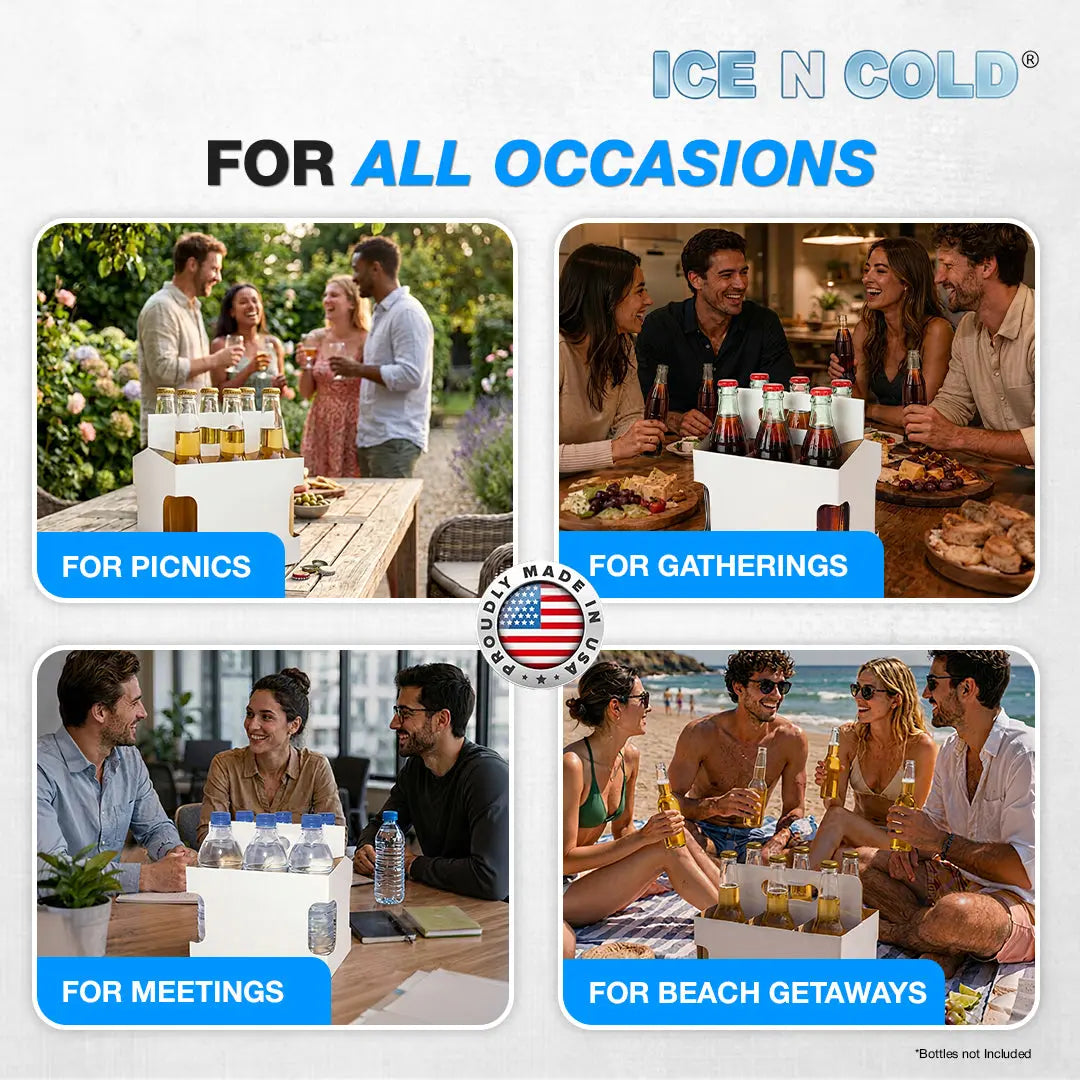 6pk Cardboard Carrier White Die-Cut 12oz - 16oz Bottles 8x7x5 for Convenience Store, Eco-Friendly, Moisture & Humidity Resistant, High Quality 18 Point Wet Board Strength (6 Pack) ICE N COLD®