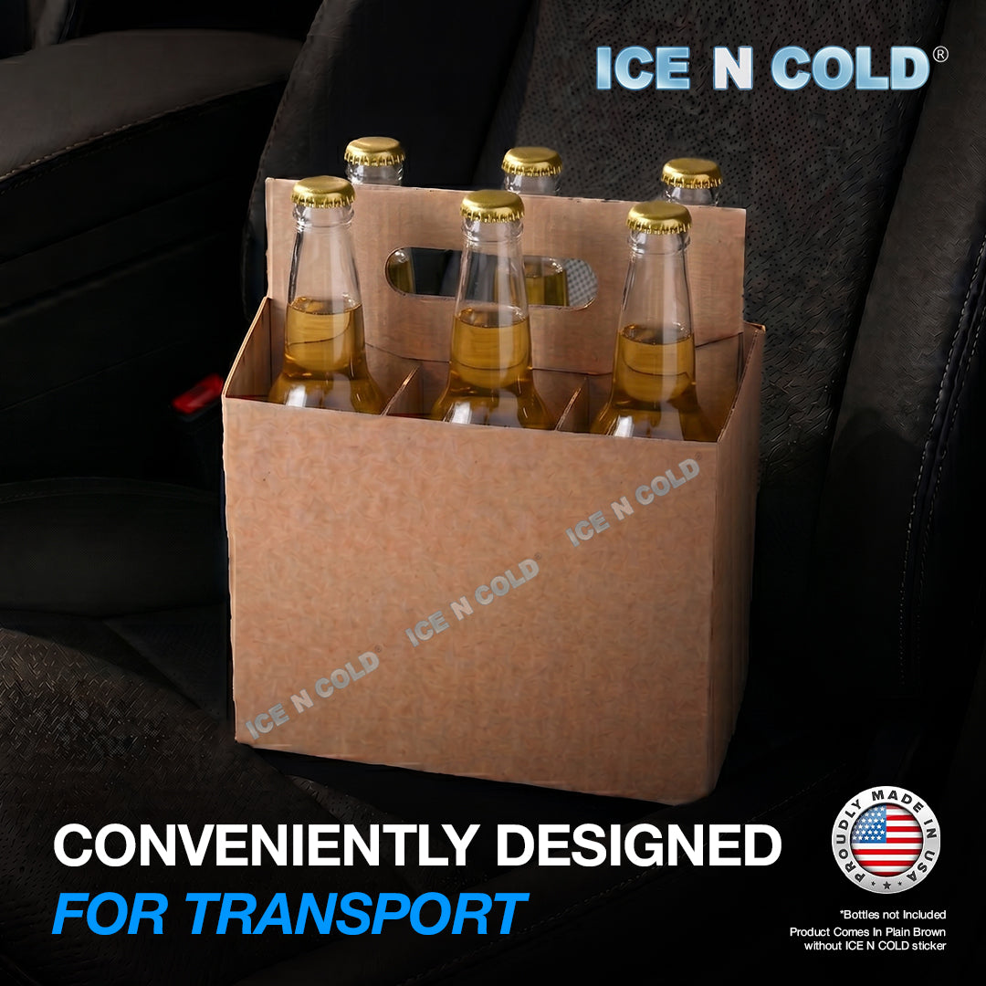 6pk Cardboard Carrier Kraft 12oz - 16oz Bottles & Cans 8x7x5 for Convenience Store, Eco Friendly, Moisture & Humidity Resistant | High Quality 18 Point Wet Board Strength (6 Pack) ICE N COLD®