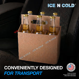 6pk Cardboard Carrier Kraft 12oz - 16oz Bottles & Cans 8x7x5 for Convenience Store, Eco Friendly, Moisture & Humidity Resistant | High Quality 18 Point Wet Board Strength (6 Pack) ICE N COLD®