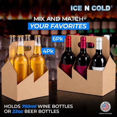 6pk Cardboard Wine Bottle Carrier (Kraft Brown) - 750ml & 22oz Wine & Beer Bottles ICE N COLD®