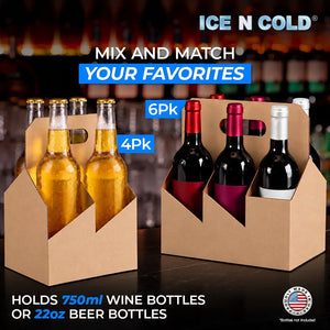 4pk Cardboard Wine Bottle Carrier (Kraft Brown) - 750ml & 22oz Wine & Beer Bottles ICE N COLD®