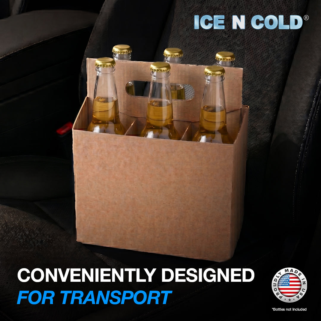 6pk Cardboard Carrier Kraft 12oz - 16oz Bottles & Cans 8x7x5 for Convenience Store, Eco Friendly, Moisture & Humidity Resistant | High Quality 18 Point Wet Board Strength (6 Pack) ICE N COLD®