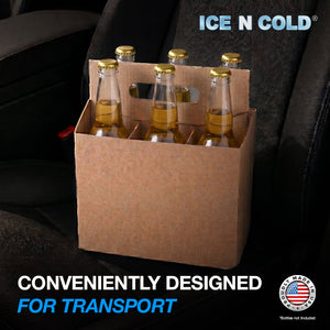 6pk Cardboard Carrier Kraft 12oz - 16oz Bottles & Cans 8x7x5 for Convenience Store, Eco Friendly, Moisture & Humidity Resistant | High Quality 18 Point Wet Board Strength (6 Pack) ICE N COLD®