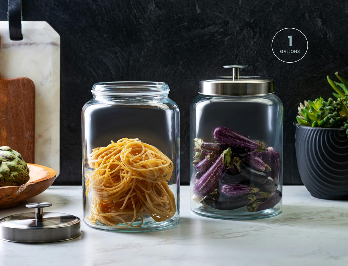 Kitchen and Laundry Storage Glass Jar – Wide Mouth Round Glass Storage Container with Black Steel Lid and Chalkboard Label - 2 Sticks of Chalk Included