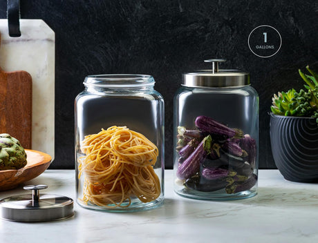 Kitchen and Laundry Storage Glass Jar – Wide Mouth Round Glass Storage Container with Black Steel Lid and Chalkboard Label - 2 Sticks of Chalk Included