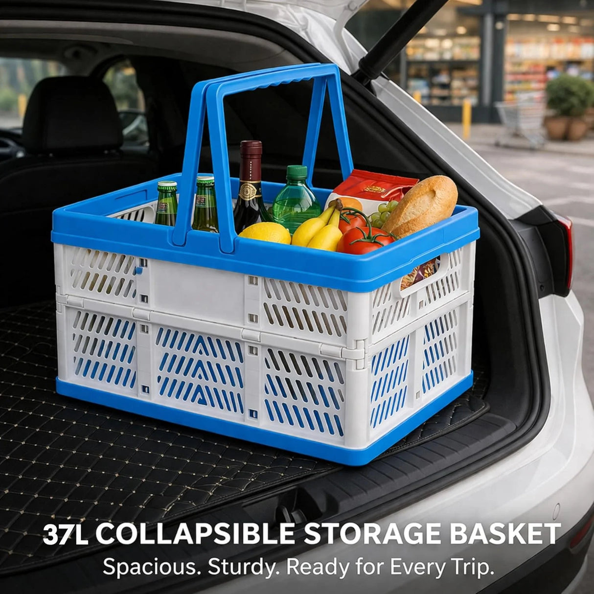 37L Capacity Collapsible Shopping Basket with Integrated Handles, Folds Flat for Easy Storage