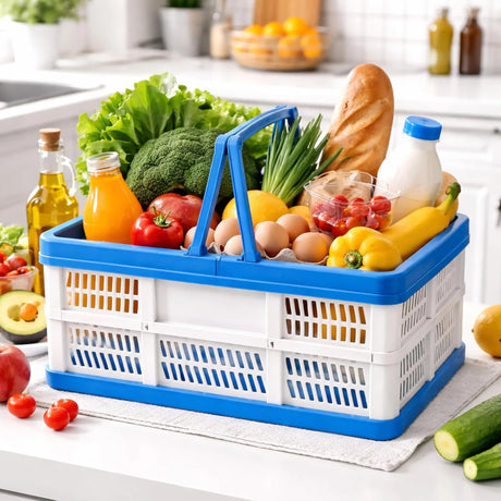 37L Capacity Collapsible Shopping Basket with Integrated Handles, Folds Flat for Easy Storage