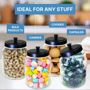 Kitchen and Laundry Storage Glass Jar – Wide Mouth Round Glass Storage Container with Black Steel Lid and Chalkboard Label - 2 Sticks of Chalk Included