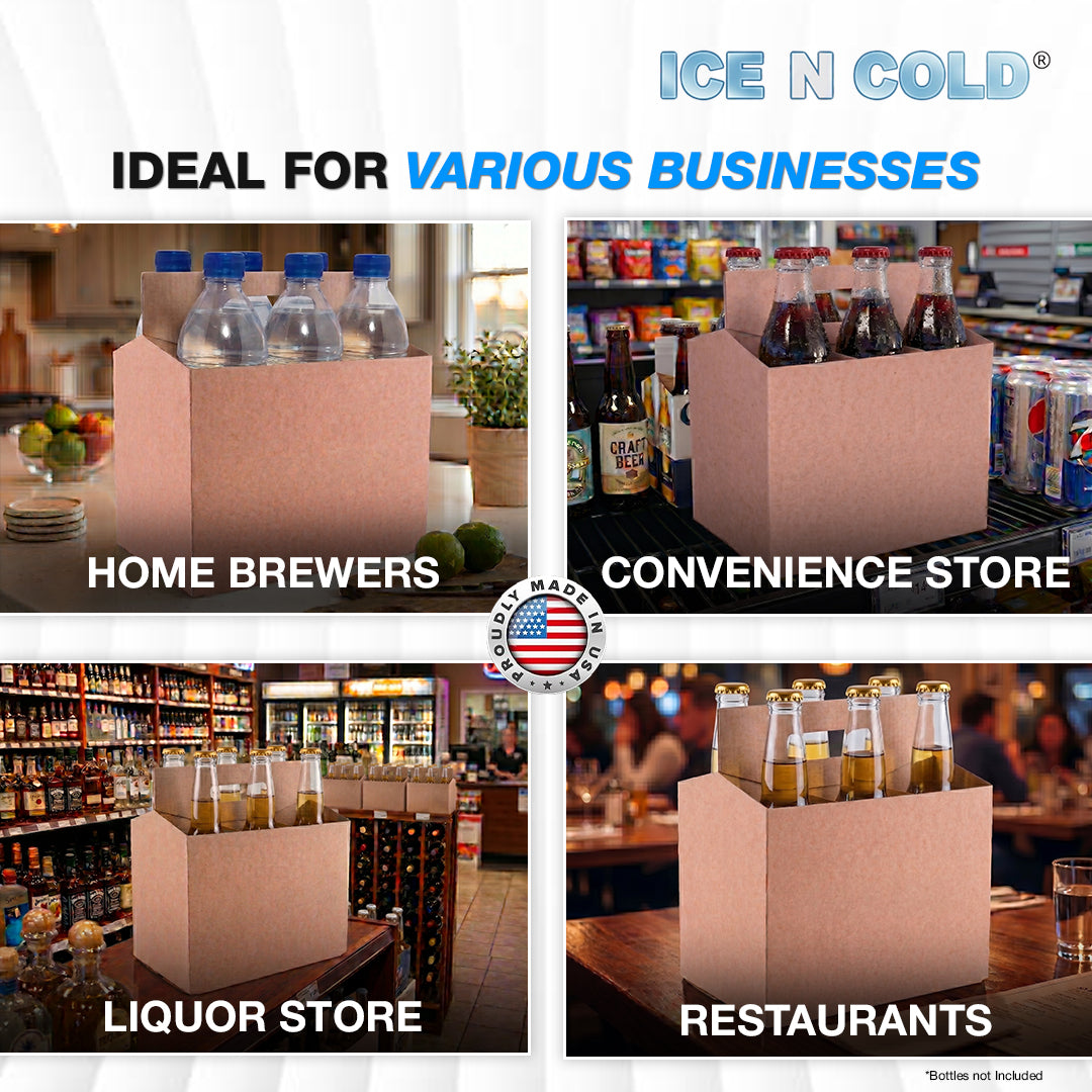 6pk Cardboard Carrier Kraft 12oz - 16oz Bottles & Cans 8x7x5 for Convenience Store, Eco Friendly, Moisture & Humidity Resistant | High Quality 18 Point Wet Board Strength (6 Pack) ICE N COLD®