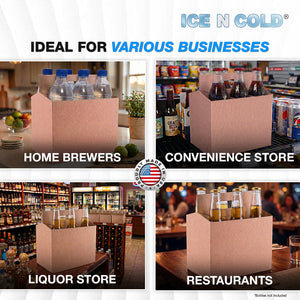 6pk Cardboard Carrier Kraft 12oz - 16oz Bottles & Cans 8x7x5 for Convenience Store, Eco Friendly, Moisture & Humidity Resistant | High Quality 18 Point Wet Board Strength (6 Pack) ICE N COLD®