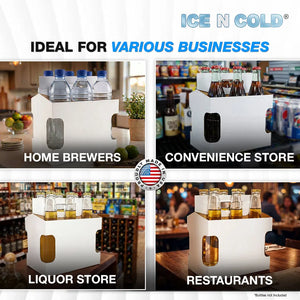 6pk Cardboard Carrier White Die-Cut 12oz - 16oz Bottles 8x7x5 for Convenience Store, Eco-Friendly, Moisture & Humidity Resistant, High Quality 18 Point Wet Board Strength (6 Pack) ICE N COLD®
