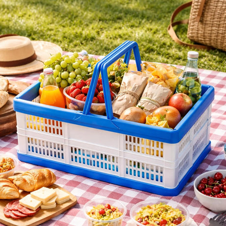 37L Capacity Collapsible Shopping Basket with Integrated Handles, Folds Flat for Easy Storage