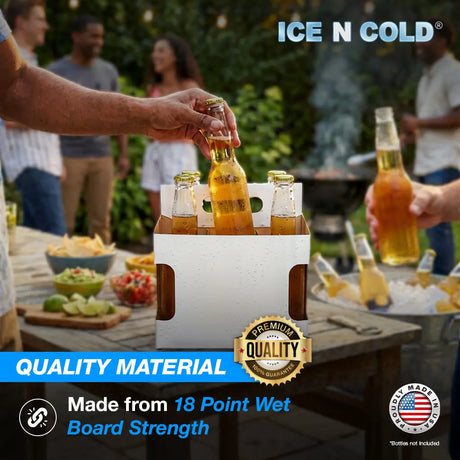 6pk Cardboard Carrier White Die-Cut 12oz - 16oz Bottles 8x7x5 for Convenience Store, Eco-Friendly, Moisture & Humidity Resistant, High Quality 18 Point Wet Board Strength (6 Pack) ICE N COLD®