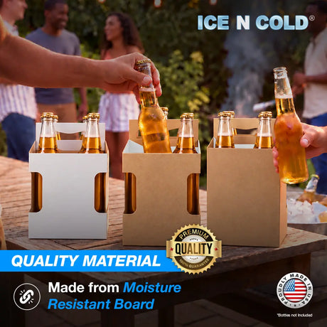 4pk Cardboard Carrier (Variety, White & Kraft, Plain & Die-Cut Label View) - 12oz Bottles & Cans ICE N COLD®