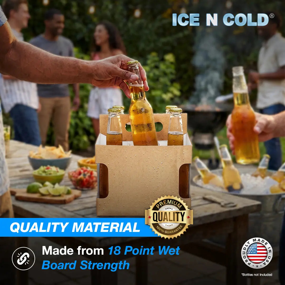 6pk Cardboard Carrier Kraft Die-Cut 12oz - 16oz Bottles 8x7x5 for Convenience Store, Eco-Friendly, Moisture & Humidity Resistant, High Quality 18 Point Wet Board Strength (6 Pack) ICE N COLD®
