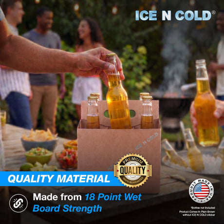 6pk Cardboard Carrier Kraft 12oz - 16oz Bottles & Cans 8x7x5 for Convenience Store, Eco Friendly, Moisture & Humidity Resistant | High Quality 18 Point Wet Board Strength (6 Pack) ICE N COLD®