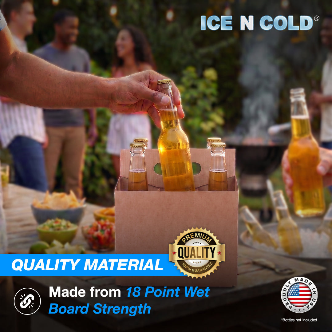 6pk Cardboard Carrier Kraft 12oz - 16oz Bottles & Cans 8x7x5 for Convenience Store, Eco Friendly, Moisture & Humidity Resistant | High Quality 18 Point Wet Board Strength (6 Pack) ICE N COLD®