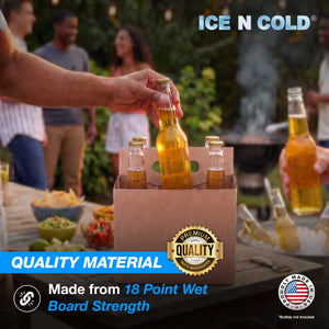 6pk Cardboard Carrier Kraft 12oz - 16oz Bottles & Cans 8x7x5 for Convenience Store, Eco Friendly, Moisture & Humidity Resistant | High Quality 18 Point Wet Board Strength (6 Pack) ICE N COLD®