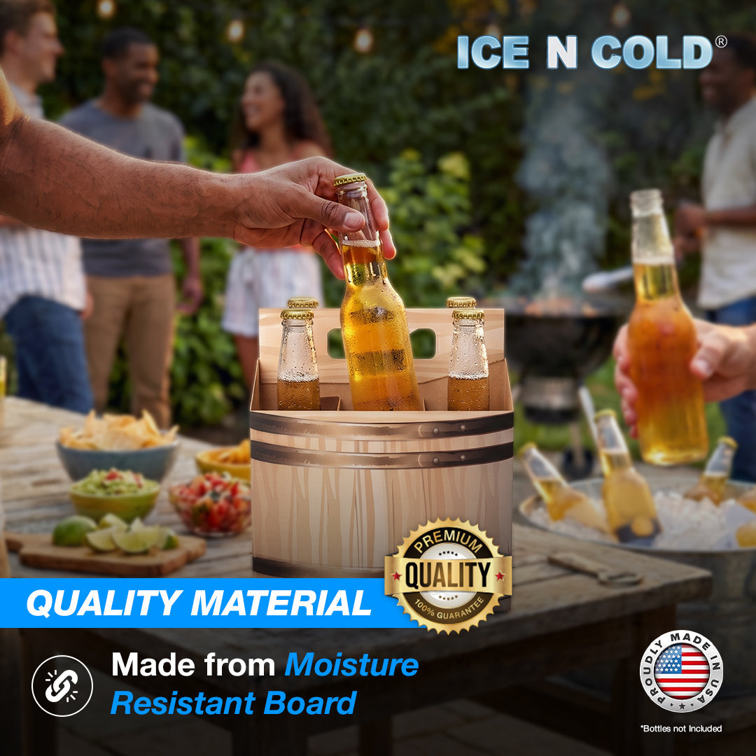 6pk Barrel Cardboard Bottle Holder (Brown Barrel) 12oz Bottles & Cans | Made In USA ICE N COLD®