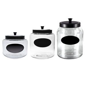 Kitchen and Laundry Storage Glass Jar – Wide Mouth Round Glass Storage Container with Black Steel Lid and Chalkboard Label - 2 Sticks of Chalk Included