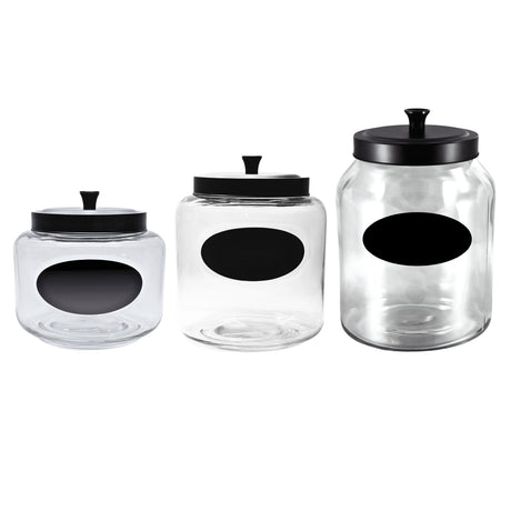 Kitchen and Laundry Storage Glass Jar – Wide Mouth Round Glass Storage Container with Black Steel Lid and Chalkboard Label - 2 Sticks of Chalk Included