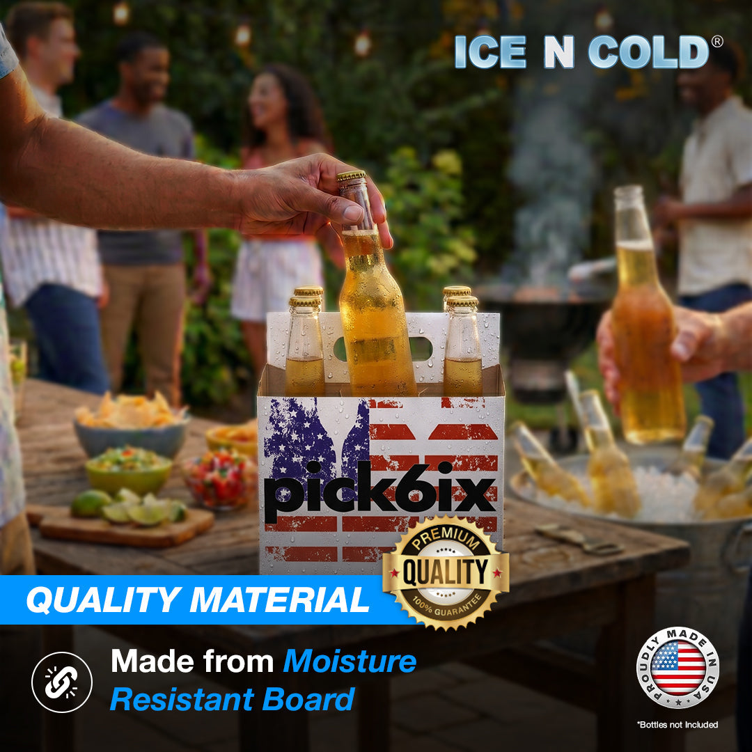 6pk Flag Cardboard Bottle Holder (American Flag Pick Six) 12oz Bottles & Cans | Made In USA ICE N COLD®