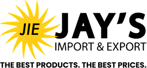 Logo of JIE Jay's Import & Export with a yellow sun-like symbol and black text on a white background.