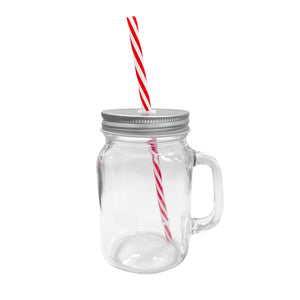 Friday Feeling 16oz Glass Mason Jar Mug with Handle, Metal Lid and Striped Straw, Beverage Container