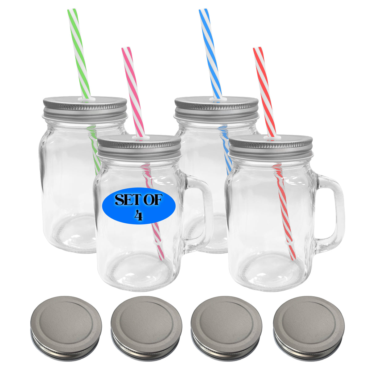 Friday Feeling 16oz Glass Mason Jar Mug with Handle, Metal Lid and Striped Straw, Beverage Container