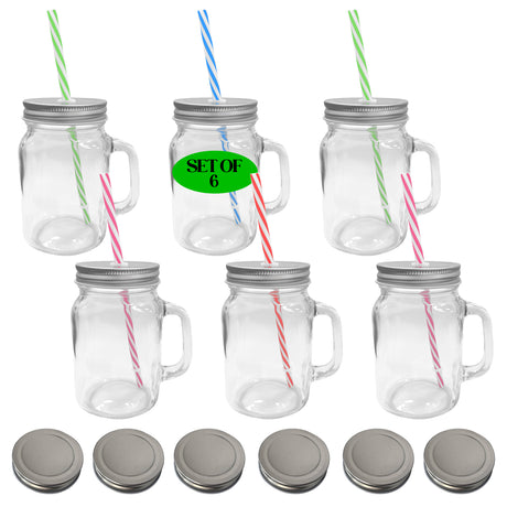 Friday Feeling 16oz Glass Mason Jar Mug with Handle, Metal Lid and Striped Straw, Beverage Container