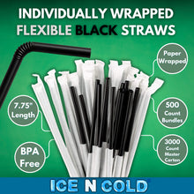 Load image into Gallery viewer, Plastic Straws, Paper Wrapped - 7 3/4" - Black, Bendable (3,000 Straws)
