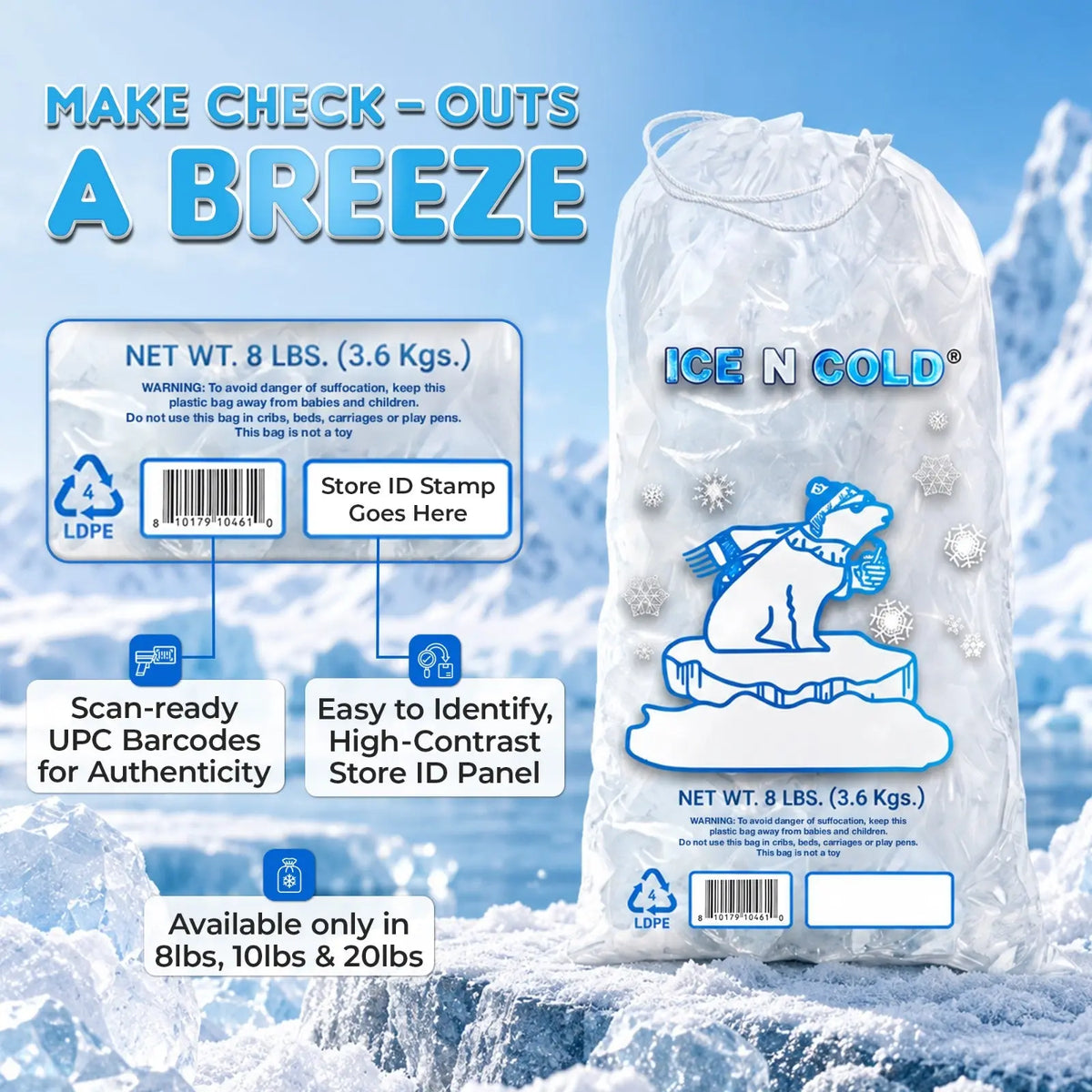 8lb Ice Bags with Cotton String Drawstring – 37 Micron Commercial Food Grade LDPE, BPA-Free, Freezer Safe Plastic, 11" x 18", UPC Barcode & Store ID, Bolsas Hielo, Bolsas Para Hielo, Ice Cube Machine Storage Bag – Wholesale ICE N COLD®