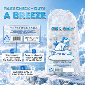 8lb Ice Bags with Cotton String Drawstring – 37 Micron Commercial Food Grade LDPE, BPA-Free, Freezer Safe Plastic, 11" x 18", UPC Barcode & Store ID, Bolsas Hielo, Bolsas Para Hielo, Ice Cube Machine Storage Bag – Wholesale ICE N COLD®