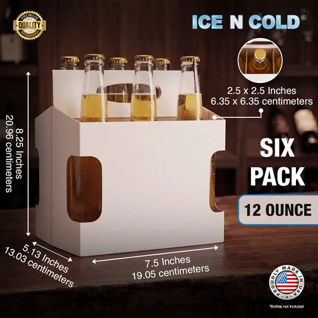 6Pk Cardboard Carrier – White Die-Cut – 12oz Bottles & 12oz–16oz Cans | Made In USA ICE N COLD®