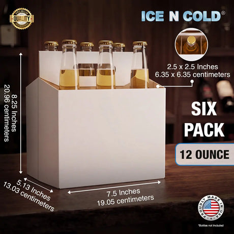 6Pk Cardboard Carrier – White – 12oz–16oz Bottles & Cans | Made In USA ICE N COLD®