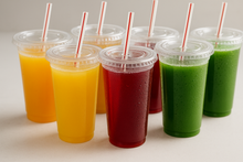 Load image into Gallery viewer, each cup needs a white straw with a red stripe sticking out of the middle hole in the clear lids
