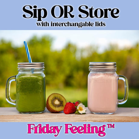 Friday Feeling 16oz Glass Mason Jar Mug with Handle, Metal Lid and Striped Straw, Beverage Container