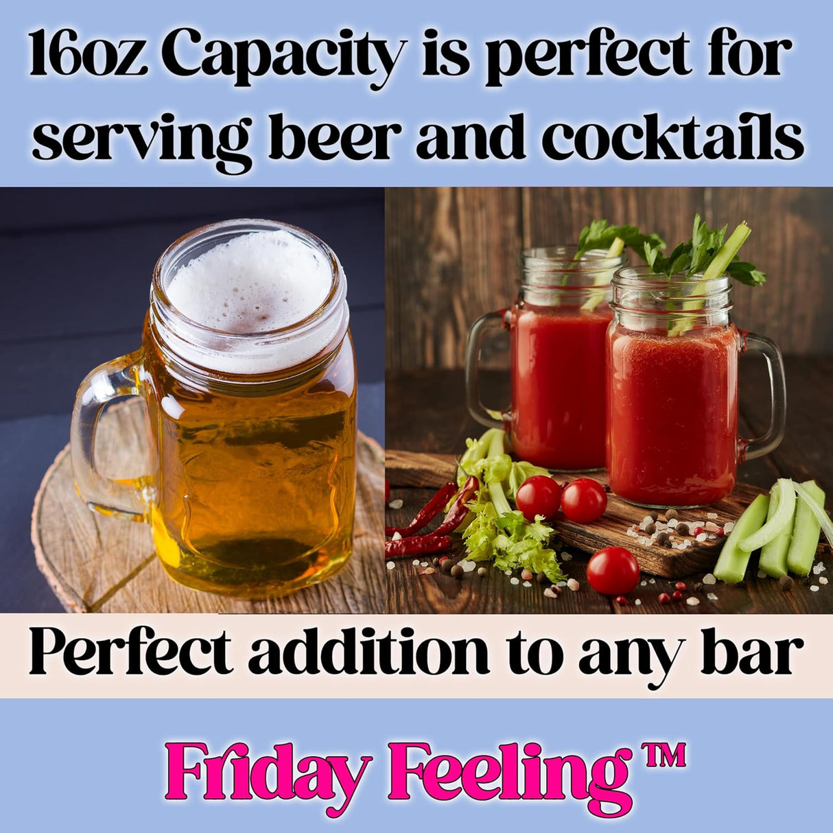 Friday Feeling 16oz Glass Mason Jar Mug with Handle, Metal Lid and Striped Straw, Beverage Container