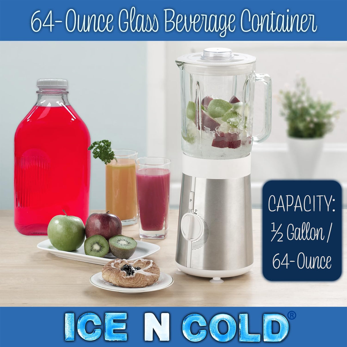 Glass Beverage Jug, 64 oz, Clear, Wide Mouth with Groove Handle and Airtight Lid