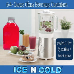 Glass Beverage Jug, 64 oz, Clear, Wide Mouth with Groove Handle and Airtight Lid