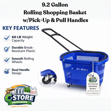 Rolling Shopping Basket with Wheels, 9.2 Gallon, Blue, Extendable Pull Handle, 60 lb Capacity