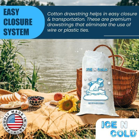 ICE N COLD® 20lb Ice Bags with Drawstring Closure | 50 mic Thickness | Portable Storage and Freezer Keeper
